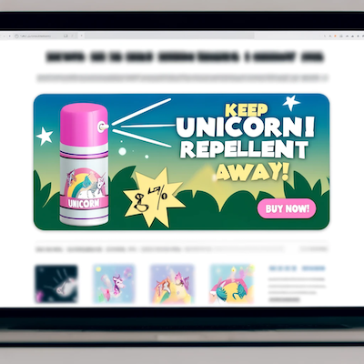 A fake web advertisement for unicorn repellent.