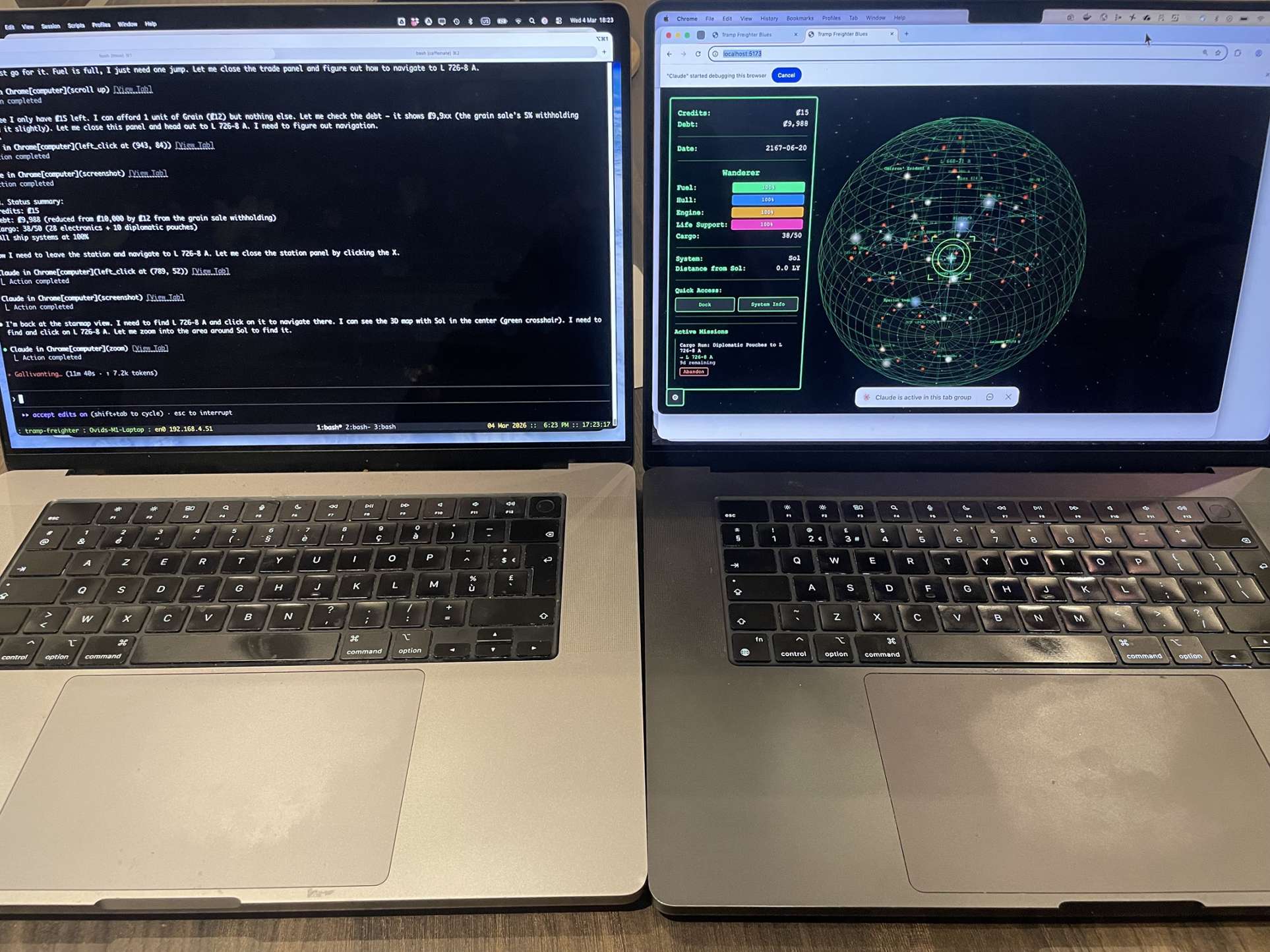 A computer on the left is running the Claude Chrome plugin. The computer on the right is the one that Claude connected to!