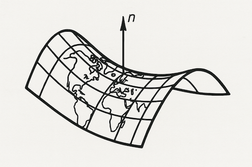 The image depicts a stylized, curved map of the world with grid lines, suggesting a three-dimensional representation of the Earth. An arrow labeled "n" points upward from the surface of the map, indicating a normal vector or direction perpendicular to the surface.