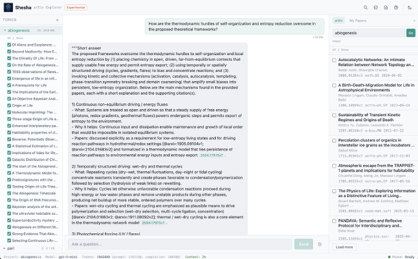 Screenshot of the arXiv explorer. It shows a complex question being asked and answered, using almost 25 megs of data across 30 documents.