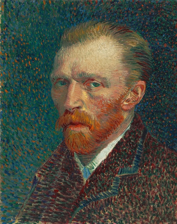 The image is a self-portrait of a man with a prominent red beard and mustache, wearing a dark coat. The background is composed of vibrant, swirling colors, primarily blues and greens, creating a dynamic contrast with his facial features.